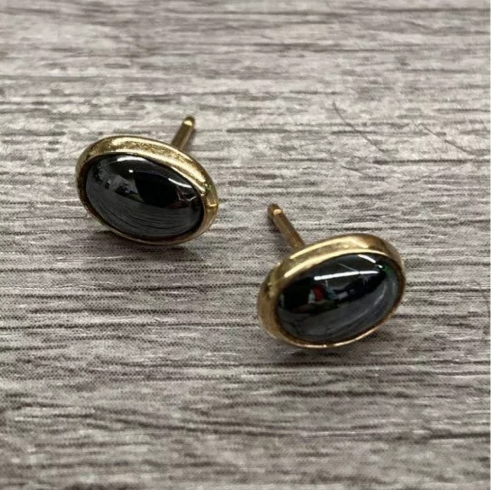 14k Solid Yellow Gold Hematite Stone Stud Earring… - image 7